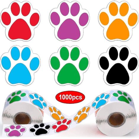 rouleaux de 1000 autocollants colorés en forme d'empreintes de pattes de chien, chat, ours (6 couleurs assorties)