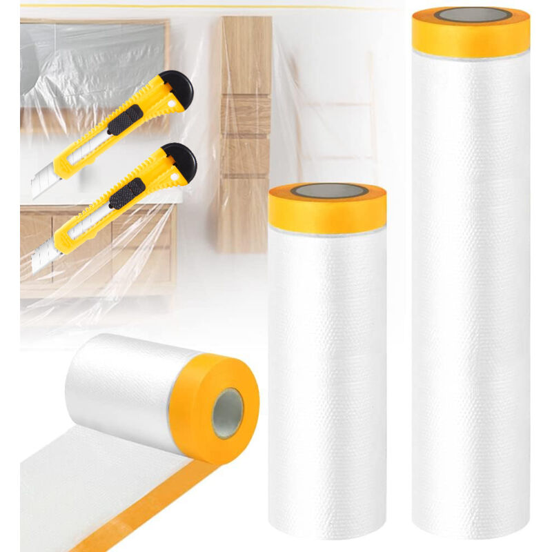 Rouleaux de film de masquage avec ruban adhésif, film de protection transparent pour peinture, film anti-poussière pour protéger meubles et sols + 2