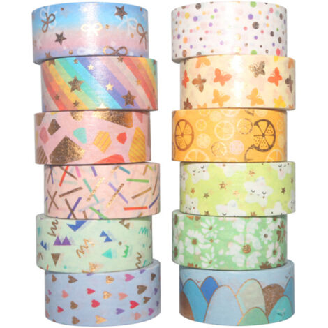 Rouleaux de ruban adhésif Washi Tape motifs mignons et feuille d'or, 15 mm (lot de 12)