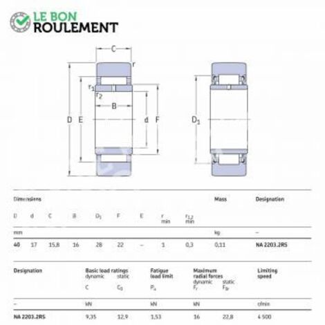 Roulement à aiguilles NA2203-2RS-X-SKF