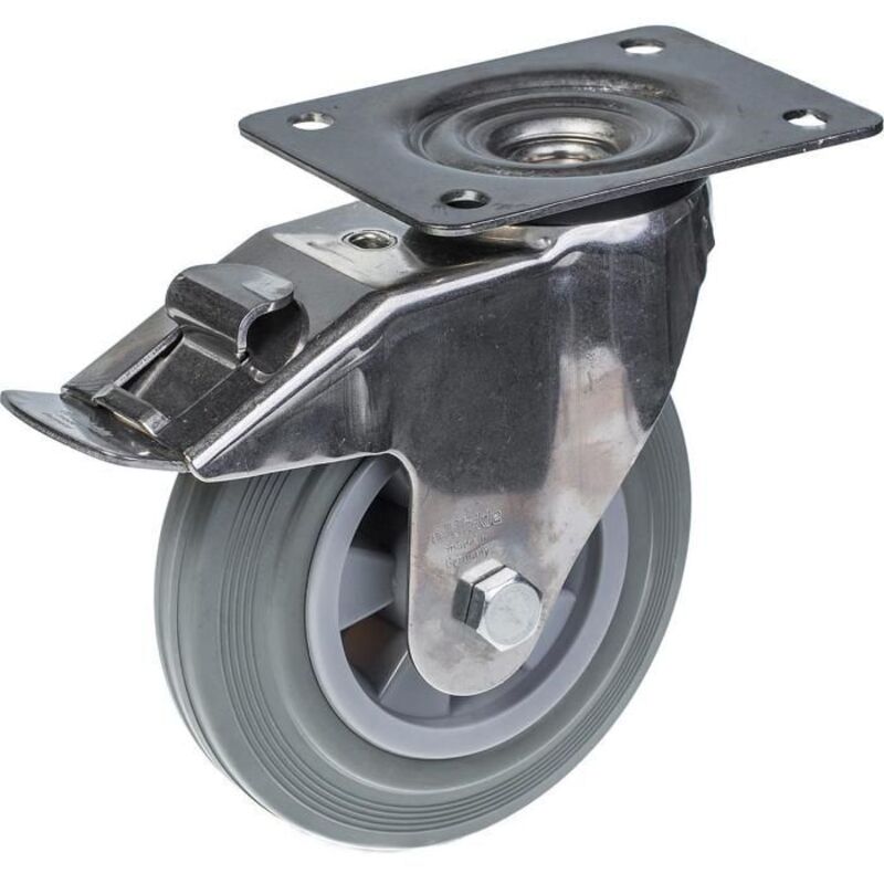 Roulette - 160 mm - Stainless steel - Grey rubber - Swiveling with brake