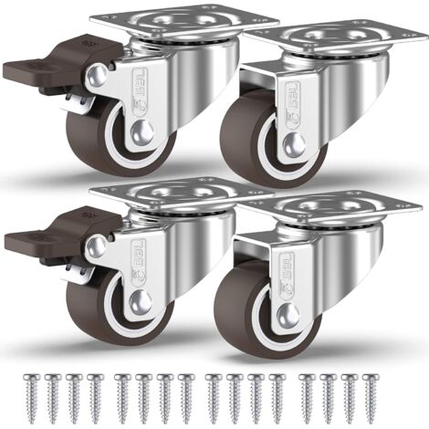 Roulette 4 roulettes pivotantes pour meubles dont 2 avec freins + vis - 33 mm à 40 kg - Mini roulettes sans marquage au sol pour charges lourdes - Roues en caoutchouc pour chariot - Argent