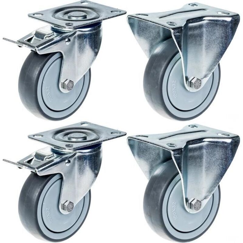 Roulette - 80mm - Grey Rubber - Set of 4 - Brake and Fixing with Plate