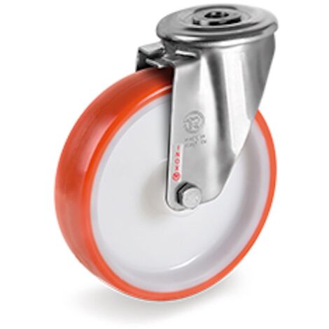 Roulette à oeil INOX pivotante diamètre 150 mm roue polyuréthane rouge  - 300 Kg