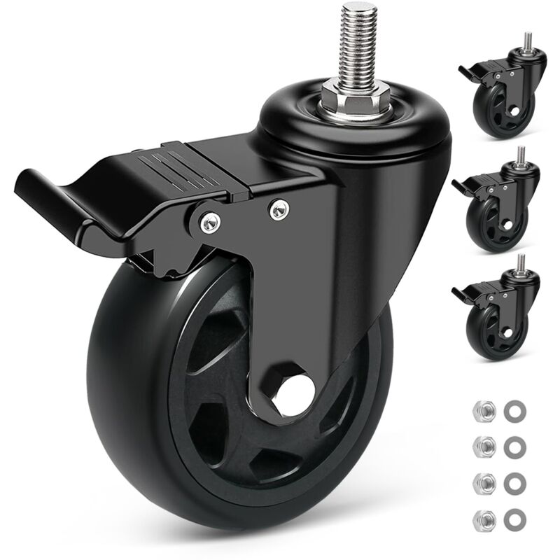 Roulette Charge Lourde 125MM avec Frein, Roulettes pour Meubles avec Tige Fileté M10x25mm Roulettes Pivotantes À 360 Degrés, pour Tous Les Sols, 4 PU