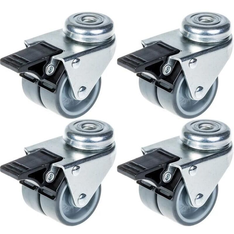 Roulette - Double - Grey Rubber - 50mm - Set of 4 with brake