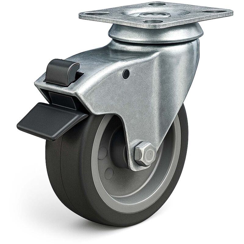 Xpotool - Wiltec Roulette pivotante en caoutchouc – ø 100 mm – Capacité de charge 80 kg – Roue avec Frein et Plaque de montage – Transport Appareil