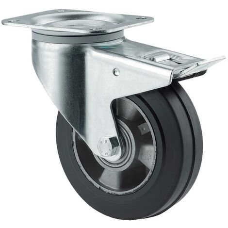 Roulette pivotante à blocage 3477 IEP, chape acier zingué embouti, roue aluminium à bandage caoutchouc élastique D 125mm - Tente