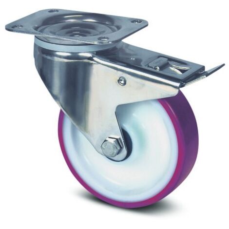 Roulette pivotante blocage total inox - rouge - platine - ø 100 mm - Alpha