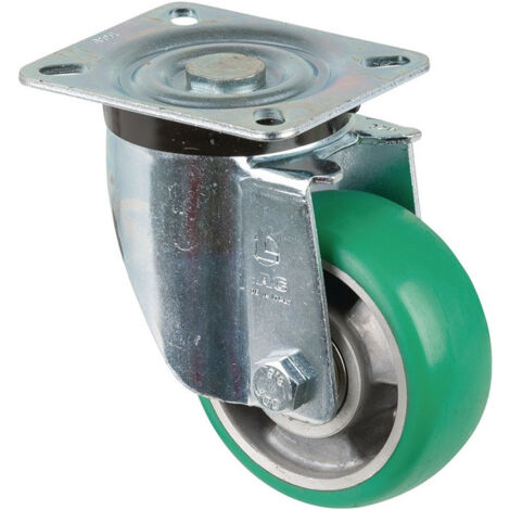 Roulette pivotante D.100mm Trgf.200kg plaque PU L105xL85mm Couleur Rl.vert BS ROLLS