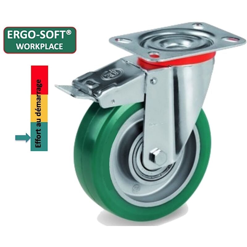 2gt Roues Et Roulettes - Roulette pivotante à frein diamètre 100 mm polyuréthane vert ergo-soft® - 200Kg
