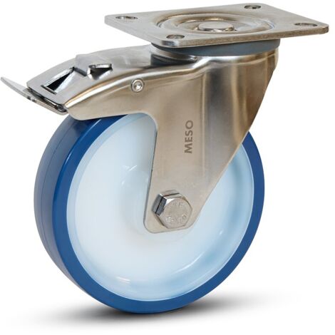 Roulette pivotante freinée - MESO - PU bleu inox - Platine - 125mm - 220kg
