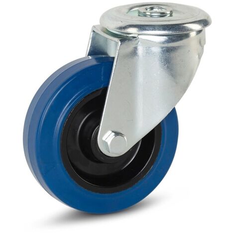 Roulette pivotante - MESO - Caoutchouc élastique bleu - 100mm - 130kg - Trou central
