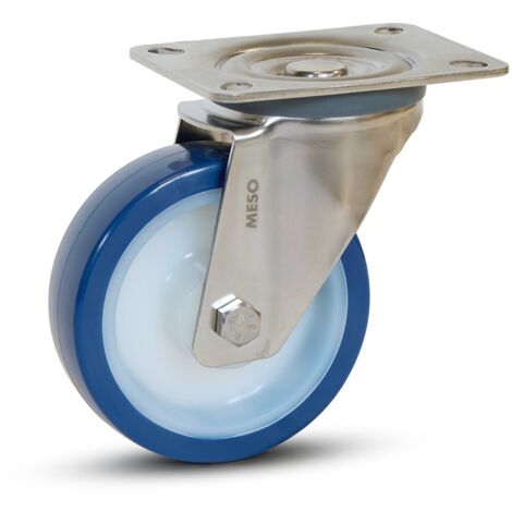Roulette pivotante - MESO - PU bleu inox - Platine - 100mm - 180kg