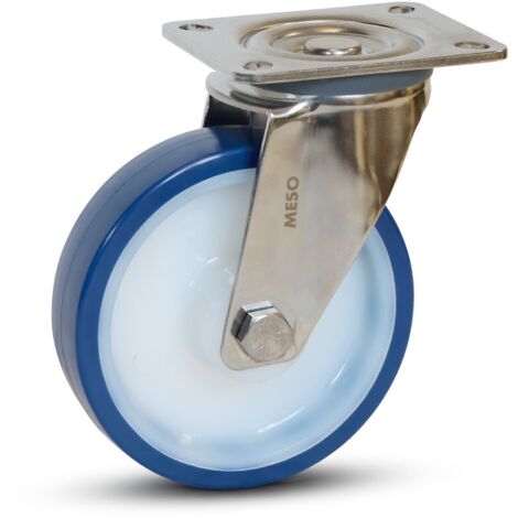 Roulette pivotante - MESO - PU bleu inox - Platine - 125mm - 220kg
