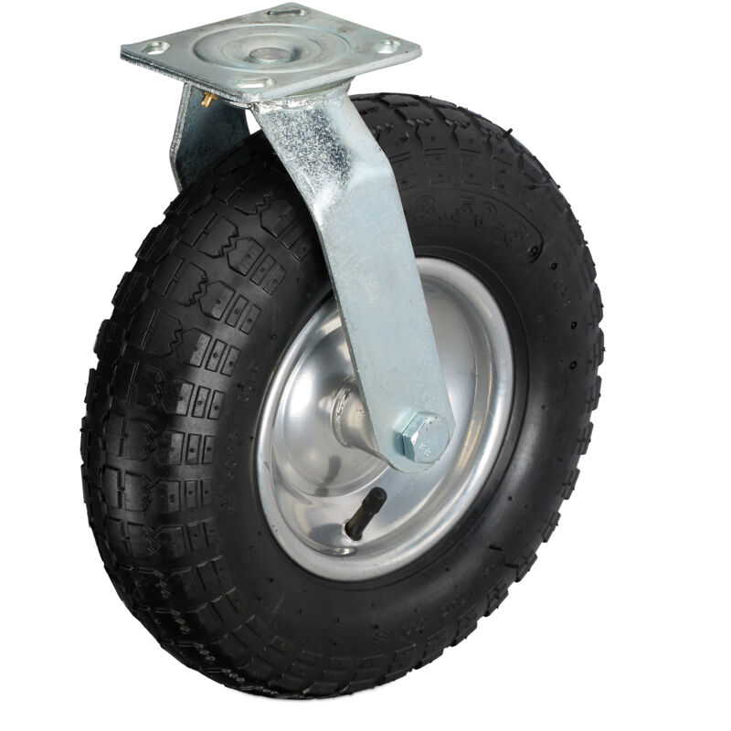 Relaxdays - Roue pivotante, 3.50-6, pneumatique, plaque en acier, roulette charge lourde, jusqu'à 120 kg, noir/argenté