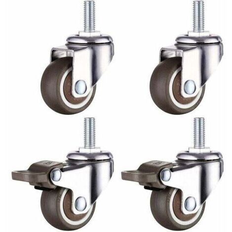 Roulette Pivotante Robuste en Caoutchouc à Tige Filetée M8 pour Chariot à Main, Tables de Travail, Roues Meuble, 1.5 inch, Diamètre du filetage : 8mm, longueur 20mm, 2PCS avec frein + 2PCS sa