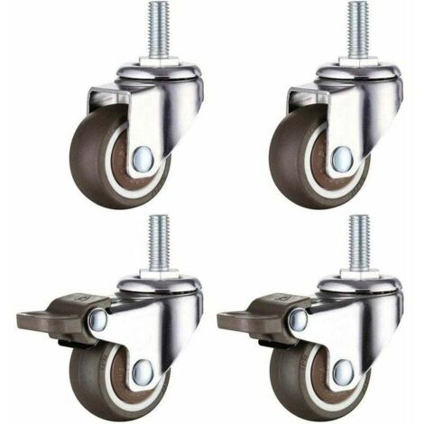 Roulette Pivotante Robuste en Caoutchouc à Tige Filetée M8 pour Chariot à Main, Tables de Travail, Roues Meuble, 1.5 inch, Diamètre du filetage : 8mm, longueur 20mm, 2PCS avec frein + 2PCS san