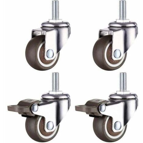 Roulette Pivotante Robuste en Caoutchouc à Tige Filetée M8 pour Chariot à Main, Tables de Travail, Roues Meuble, 1.5 inch, Diamètre du filetage : 8mm, longueur 20mm, 2PCS avec frein + 2PCS sans frein