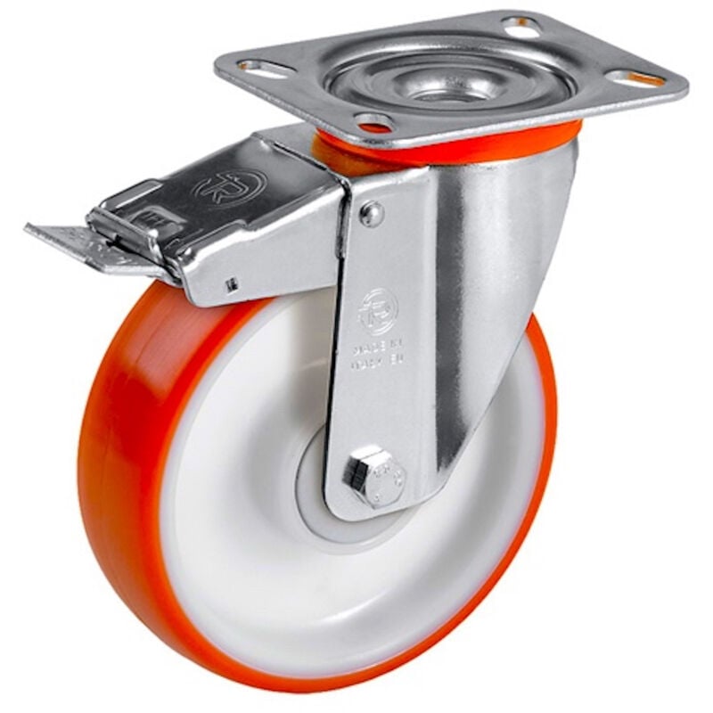 Roulette pivotante à frein diamètre 100 mm roue polyuréthane rouge roulement à billes - 200 Kg
