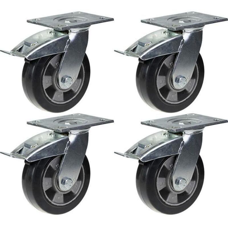 Roulette - Rubber - 152mm - Swivel - Set of 4 - Integrated brake