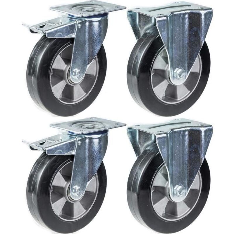 Roulette - Set of 4 - 200mm - Black elastic rubber - Brake and fix