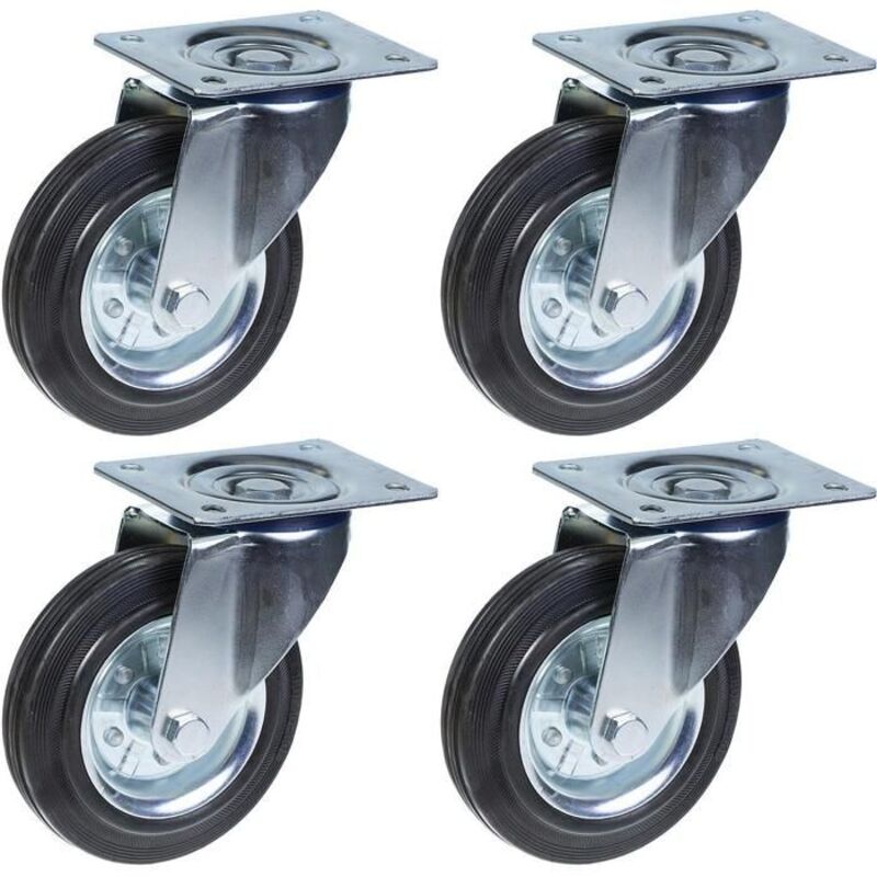 Roulette - Set of 4 - Black rubber 200mm - Capacity 800kg - Swivel