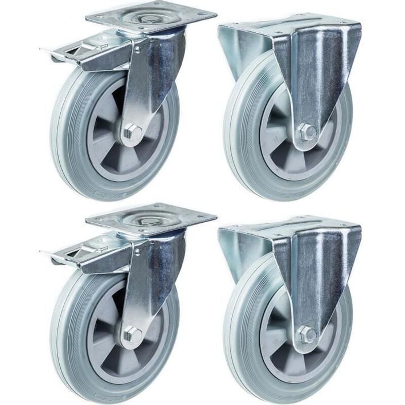 Roulettes - Castor - 200 mm - Fixed Capacity 820 kg - Set of 4 - Grey Rubber