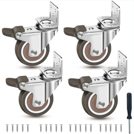 Roulettes de meuble fortes charges avec frein, jeu de 4 roulettes, caoutchouc, petites, 25 mm, roulettes fortes charges en L, 44 kg, roulettes de transport silencieuses avec 20 vis, 1 tournevis, roule