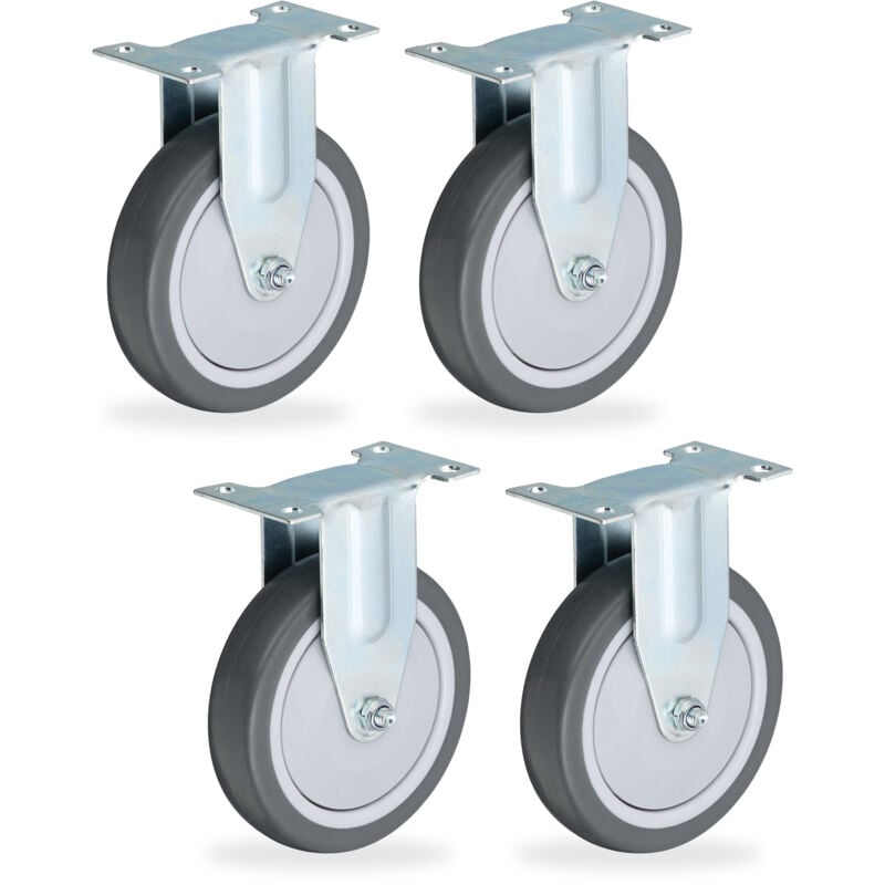 Relaxdays Roulettes fixes, lot de 4, 125 mm, 480 kg, TPR, plaque en acier, roulement à billes, sans bruit, gris/argenté