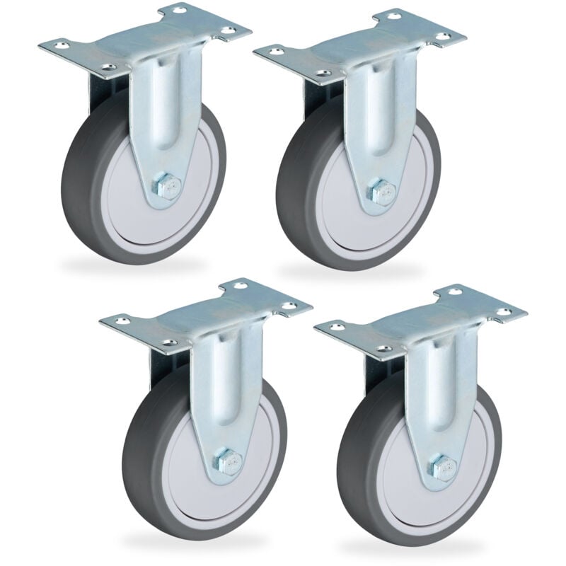Relaxdays - Roulettes fixes, lot de 4, 100 mm, 400 kg, tpr, plaque en acier, roulement à billes, sans bruit, gris/argenté