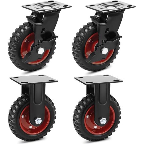 Roulettes Industrielles Charge Lourde 150mm - Set de 4 Roulettes Pivotantes Freinées et Fixes, Roues en Caoutchouc Plein Antidérapant 800kg pour Chariot Industriel Lourd et Machine