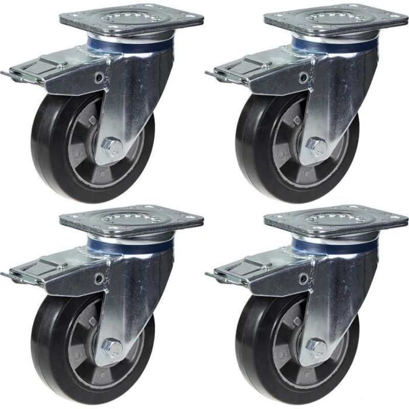 Roulettes - PARNELLS - Set of 4 - 152mm - Black Rubber - Swivel with Brake