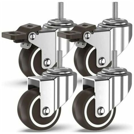Roulettes pivotantes 4 à tiges filetées, roulettes pour meubles, roues à freins pour transport industriel de planches (50 mm avec tiges M10, 2 avec freins, 2 sans freins)