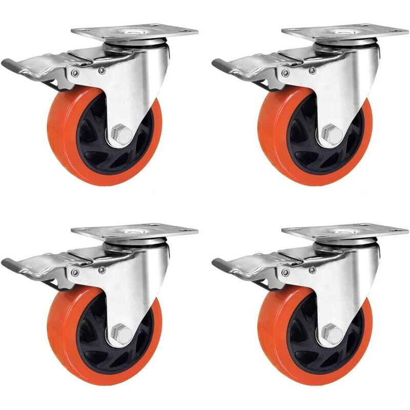 Roulettes pivotantes avec freins, 4 pouces 100 mm 550 kg roulettes robustes roulettes de chariot en caoutchouc (lot de 4)
