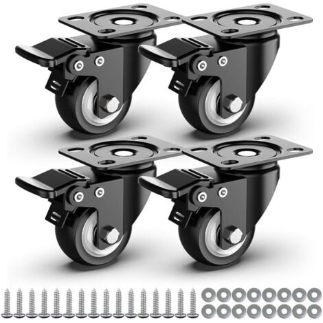 Roulettes pivotantes de 50 mm avec frein de sécurité pour charges lourdes, capacité totale 250 kg (lot de 4)