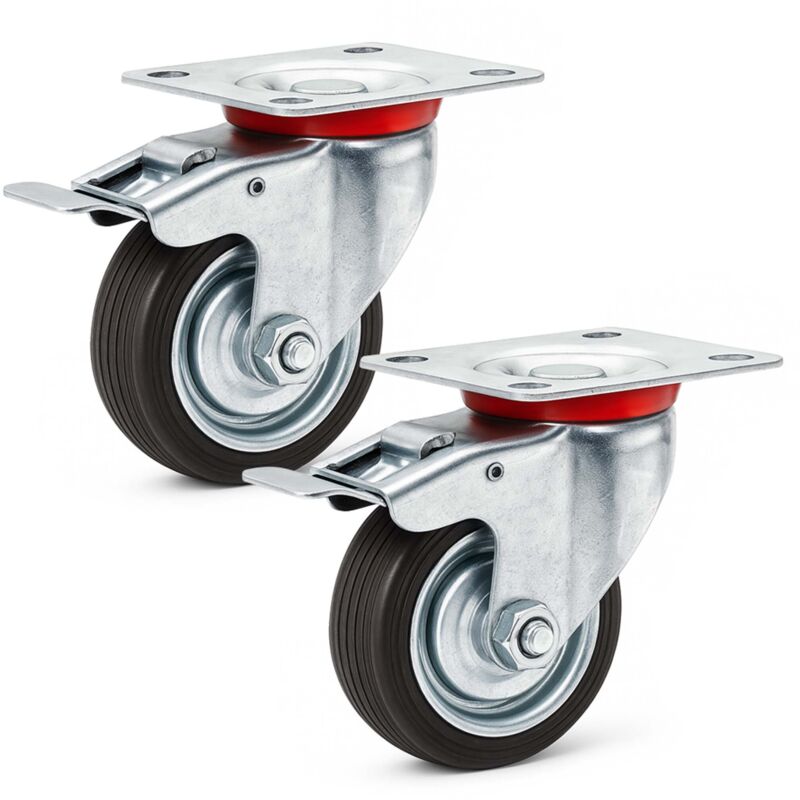 Wiltec Jeu 2x Roulette pivotante Blocage double – Ø 75 mm – Capacité 50 kg – en Caoutchouc – Roue avec Frein et Plaque de montage – Transport Wiltec Jeu 2x Roulette pivotante Blocage double – Ø 75 mm – Capacité 50 kg – en Caoutchouc – Roue avec Frein et Plaque de montage – Transport