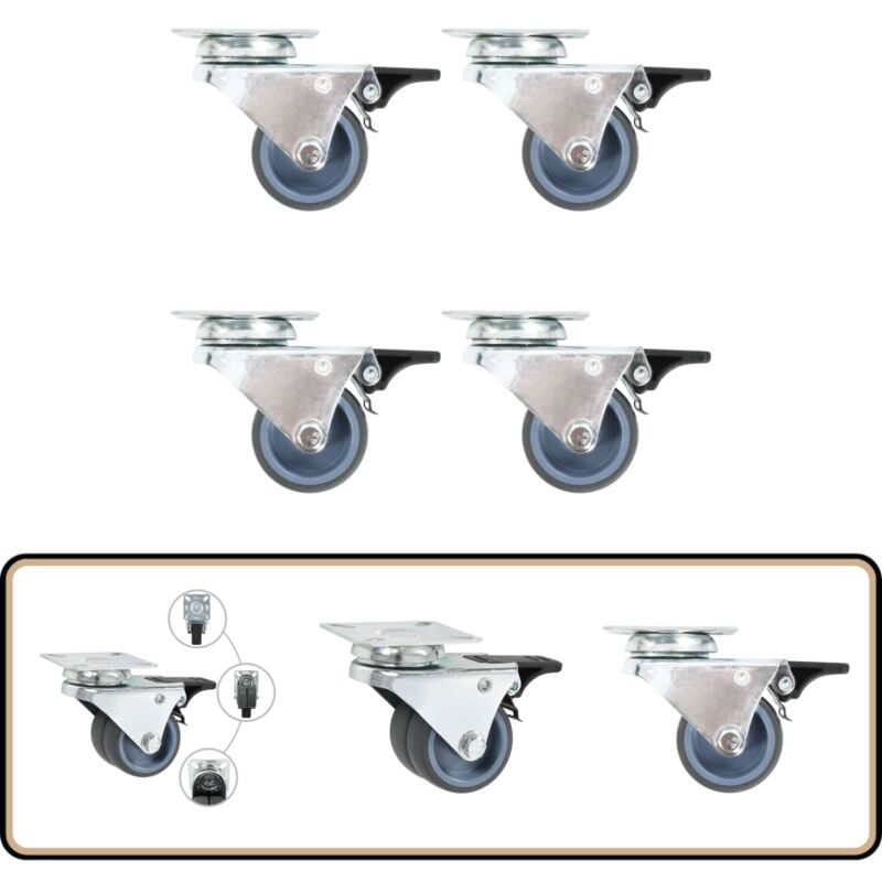 Vidaxl - Roulettes pivotantes doubles à double frein 4 pcs 50 mm - Roulettes Pivotantes - Roulettes à Double Frein - Roulettes Industrielles