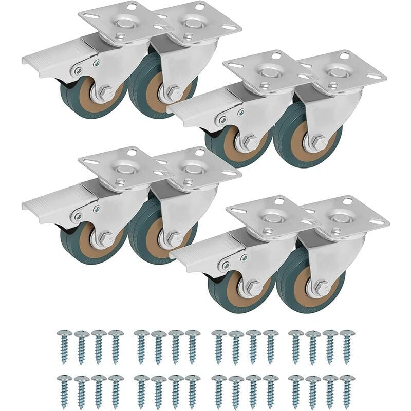 Roulettes Pivotantes pour Meubles (Lot de 8) - Roulette Meuble de 50 mm avec Roues en Caoutchouc, Vis, Freins et Plaques en Métal - Roulettes pour