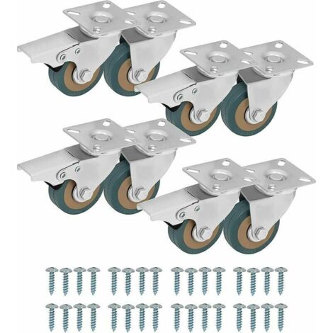 Roulettes Pivotantes Pour Meubles (Lot De 8) - Roulette Meuble De 50 Mm Avec Roues En Caoutchouc, Vis, Freins Et Plaques En Métal - Roulettes Pour Meubles, Chariots Et Usage Industriel