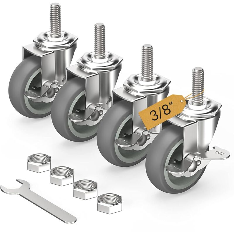 Tigrezy - Roulettes pivotantes verrouillables de 7,6 cm (3 pouces), lot de 4, tige filetée 9,5 mm - 40,6 mm x 3,8 cm (diamètre 9,5 mm, longueur 3,8