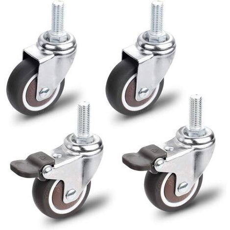 Roulettes pour Meubles - 2 avec Frein + 2 sans Frein, M10x25mm - Capacité de Charge 40 kg par Roulette