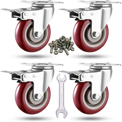 Roulettes robustes de 3 pouces charge 2000 lb, roulettes à plaque de roulement verrouillables avec freins, roulettes pivotantes à 360 degrés pour meubles et chariot d'établi, lot de 4 (vis gratuites e