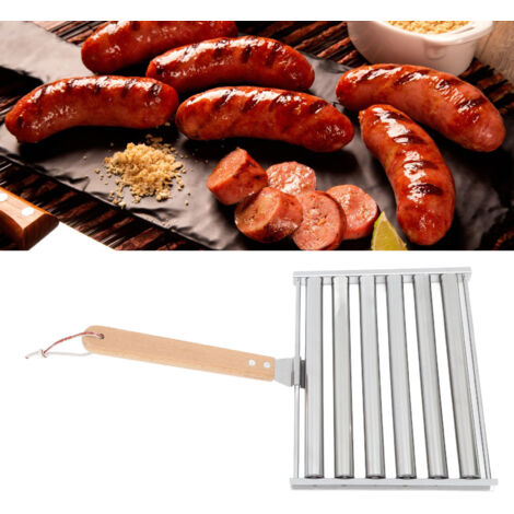 Rouleur pour Hot-Dogs et Sausages Stainless Steel avec Manche Bois et 4 Piques - Gril BBQ 6 Broches Design pour Cuisson Uniforme sans Carbonisation