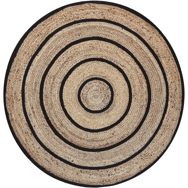 Beliani Area Rug Beige Black Round 140 Cm Boho Rustic Spiral Braided Cotton Jute Bukse
