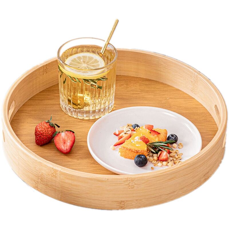 Plateau rond en bambou avec poignées et plateau de service surélevé pour aliments, café, vin, thé, fruits et repas