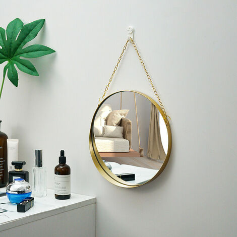 Round Bathroom Makeup Mirror Brass Frame with Hanging Chain Simple Style