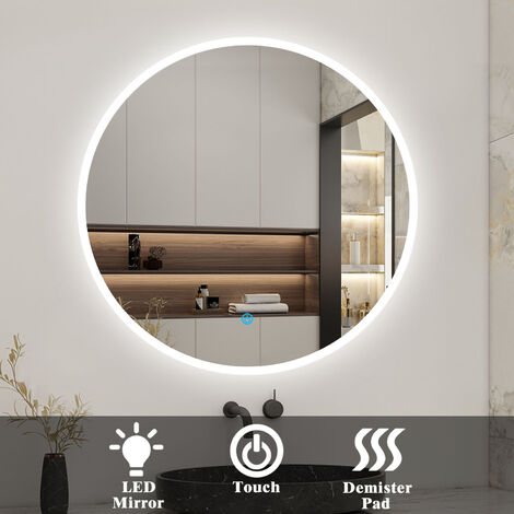 Round Bathroom Mirror with LED Lights 60cm, Illuminated Wall Mounted Backlit Vanity Mirror with Demister, Anti-fog Large Circle Makeup Mirror