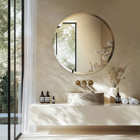 Round Bathroom Mirror Wall Mounted Modern Stylish Design with Contemporary Bevelled Edges - 60cm