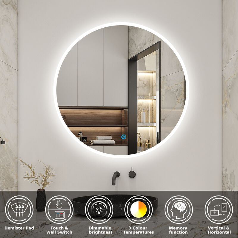 Round Illuminated Bathroom Mirror With 3 Color Led Lights, 60Cm, Dimmable, Warm Light, Natural Light And Cold White Light, Anti-Fog, Touch Switch,